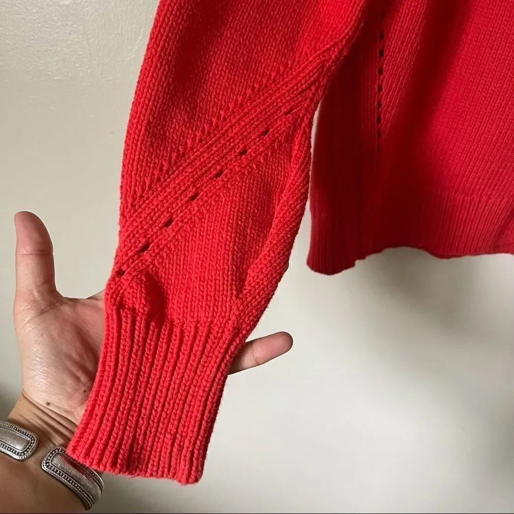 J. Crew Red Orange Cotton Pointelle stitching pullover sweater size Small