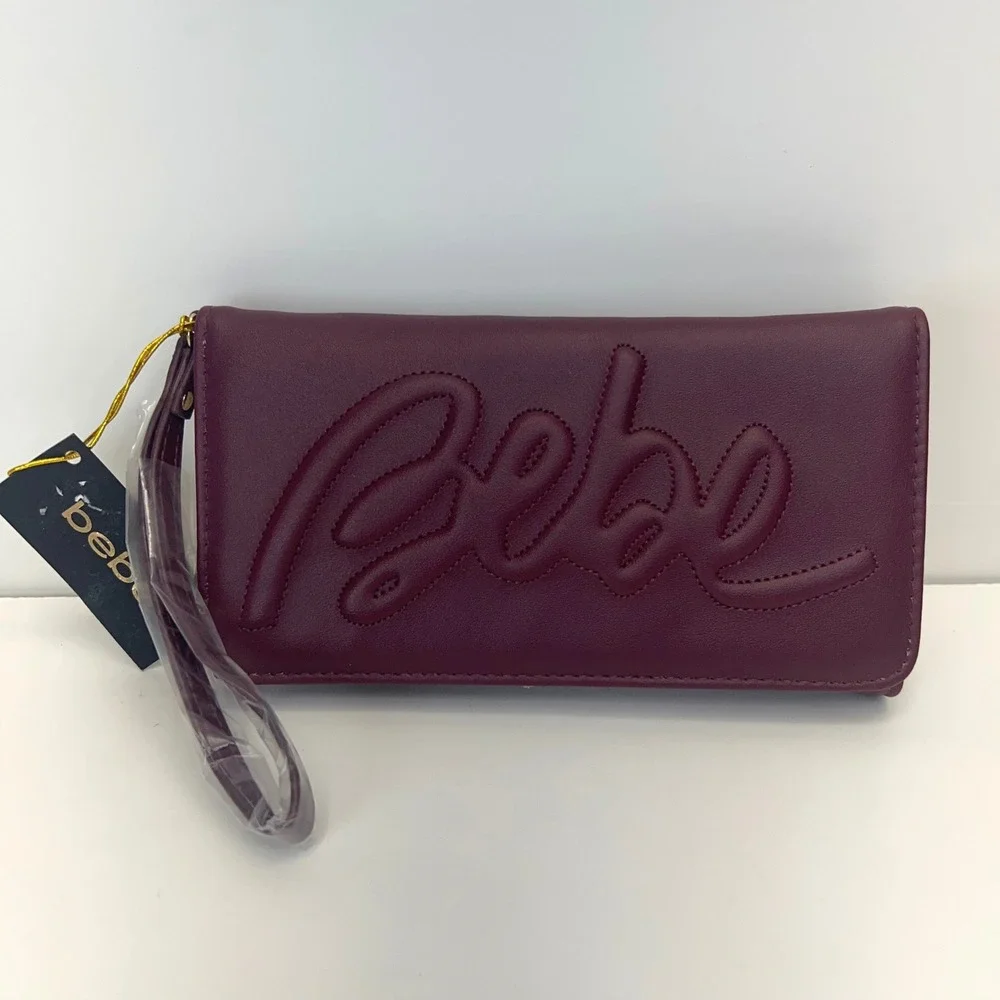 BEBE Louisa Trifold Wallet Multi Slots Embossed Logo Wristlet Clutch Purple NEW