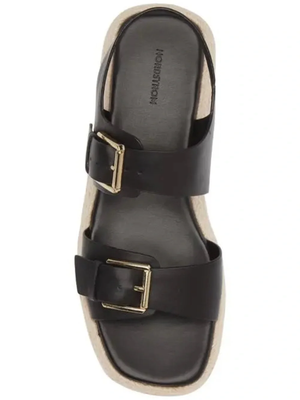 NORDSTROM Black Leather Double-Buckle Espadrille Sandals with Gold Buckles $100+