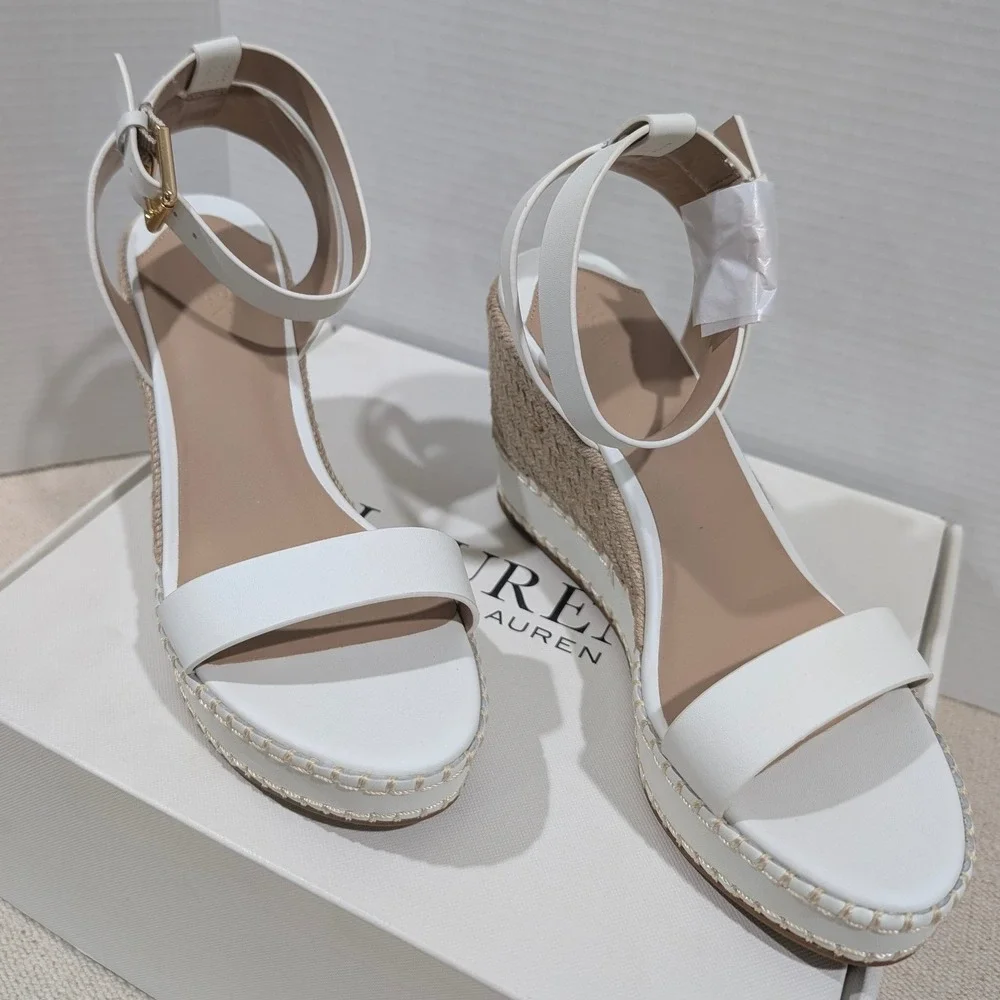 Lauren Ralph Lauren Hilarie White Leather Espadrille Wedge Sandals 9B MSRP $155