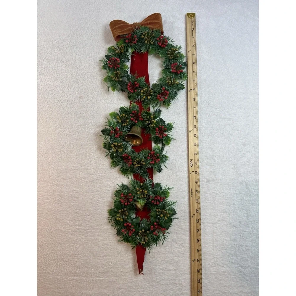 Vintage Plastic Triple Christmas Wreath with Bells on‎ Flocked Red Velvet Ribbon