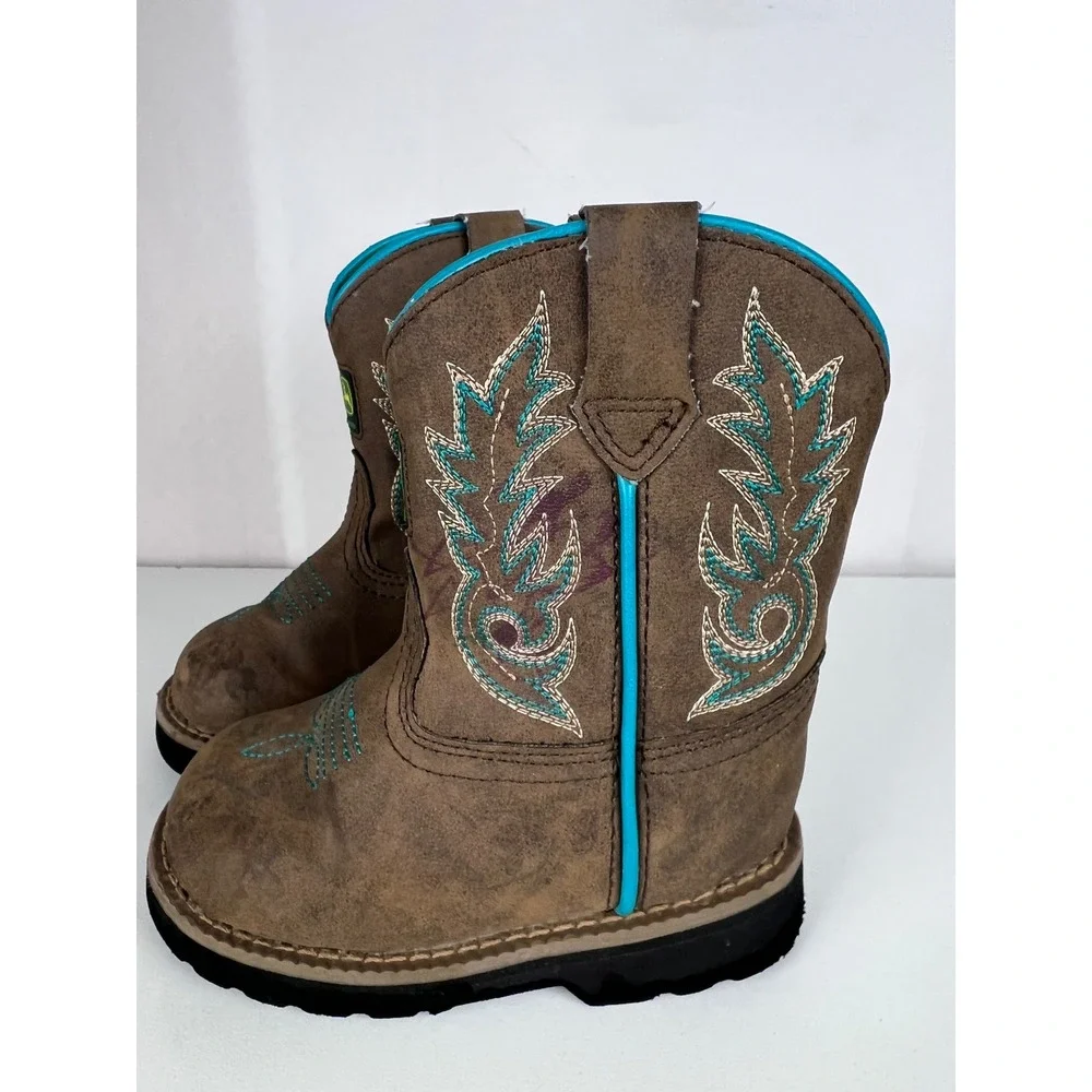 John‎ Deere Infants Brown Turquoise Western Cowboy Boots JD1032 Size SM