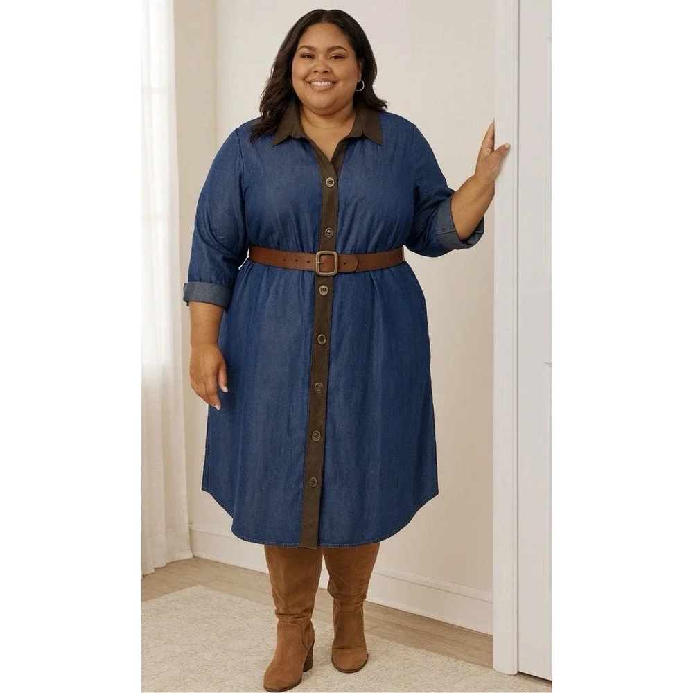 Soft Surroundings 1X Urbina Chambray‎ Midi Dress Turn-Lock Accents Faux Suede