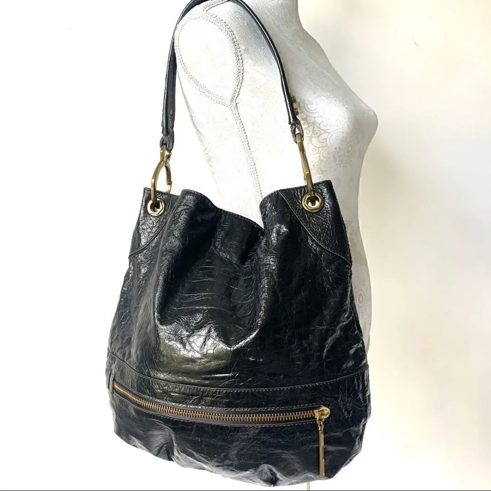 Or Yany New Textured Black Leather Hobo Bag