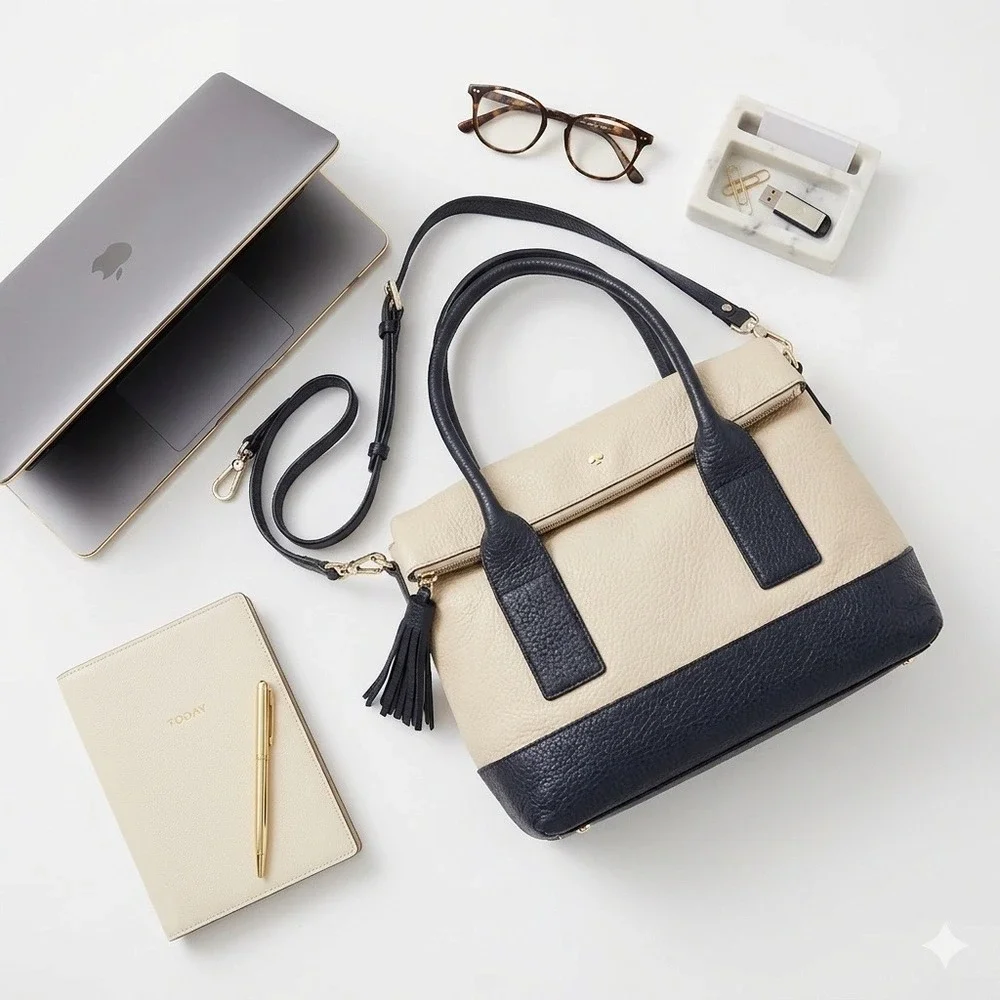 Kate Spade‎ Cobble Hill Small Adrien Leather Satchel Beige Navy Blue Crossbody