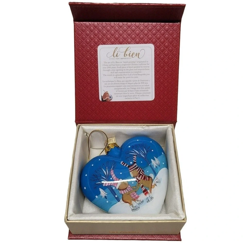 Li‎ Bien Pier 1 Imports 2018 Heart Glass Ornament Ice Skating Bunnies Blue Boxed