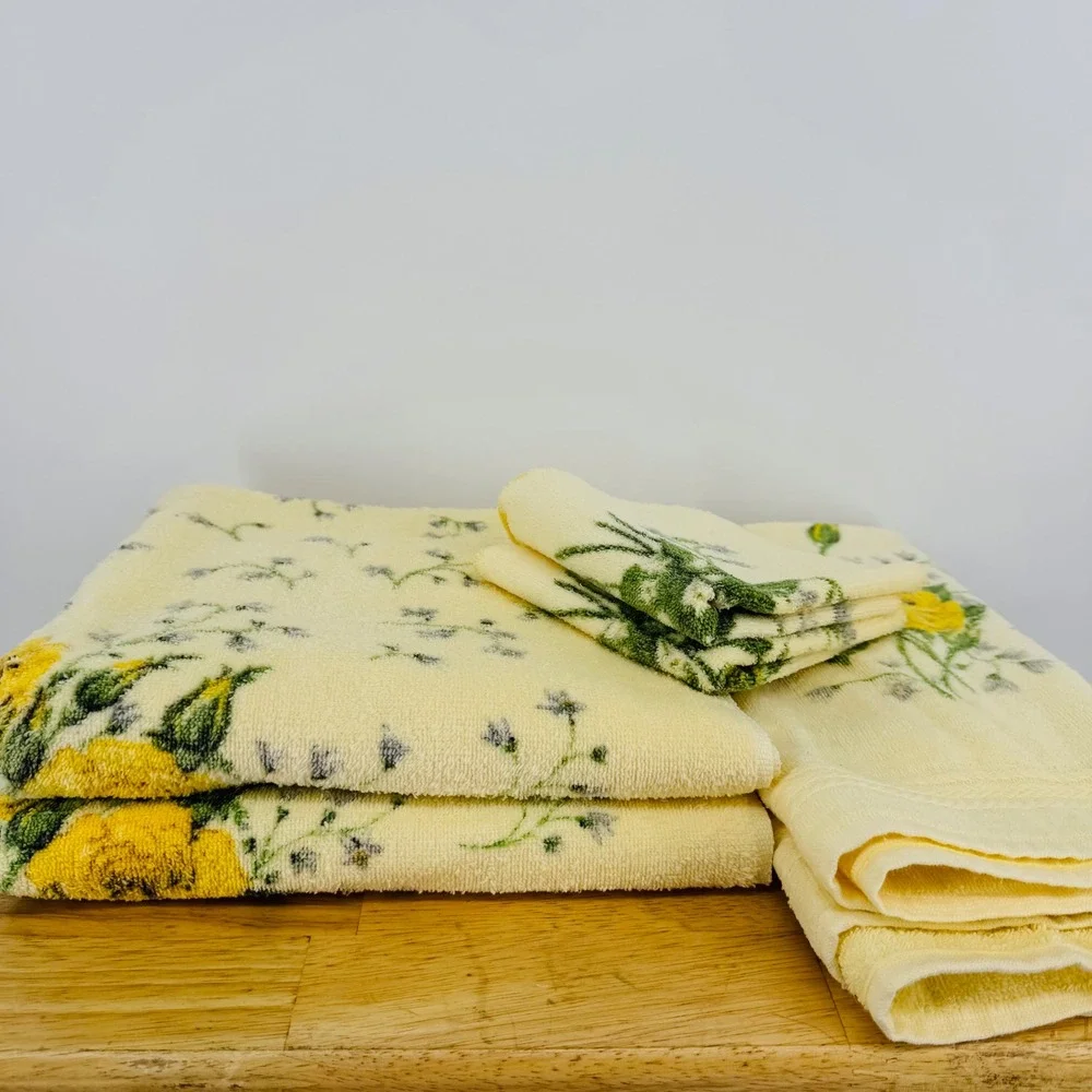 Vintage RA Briggs Yellow Rose Floral Towel Set 6pc Cotton Made in USA Retro MCM