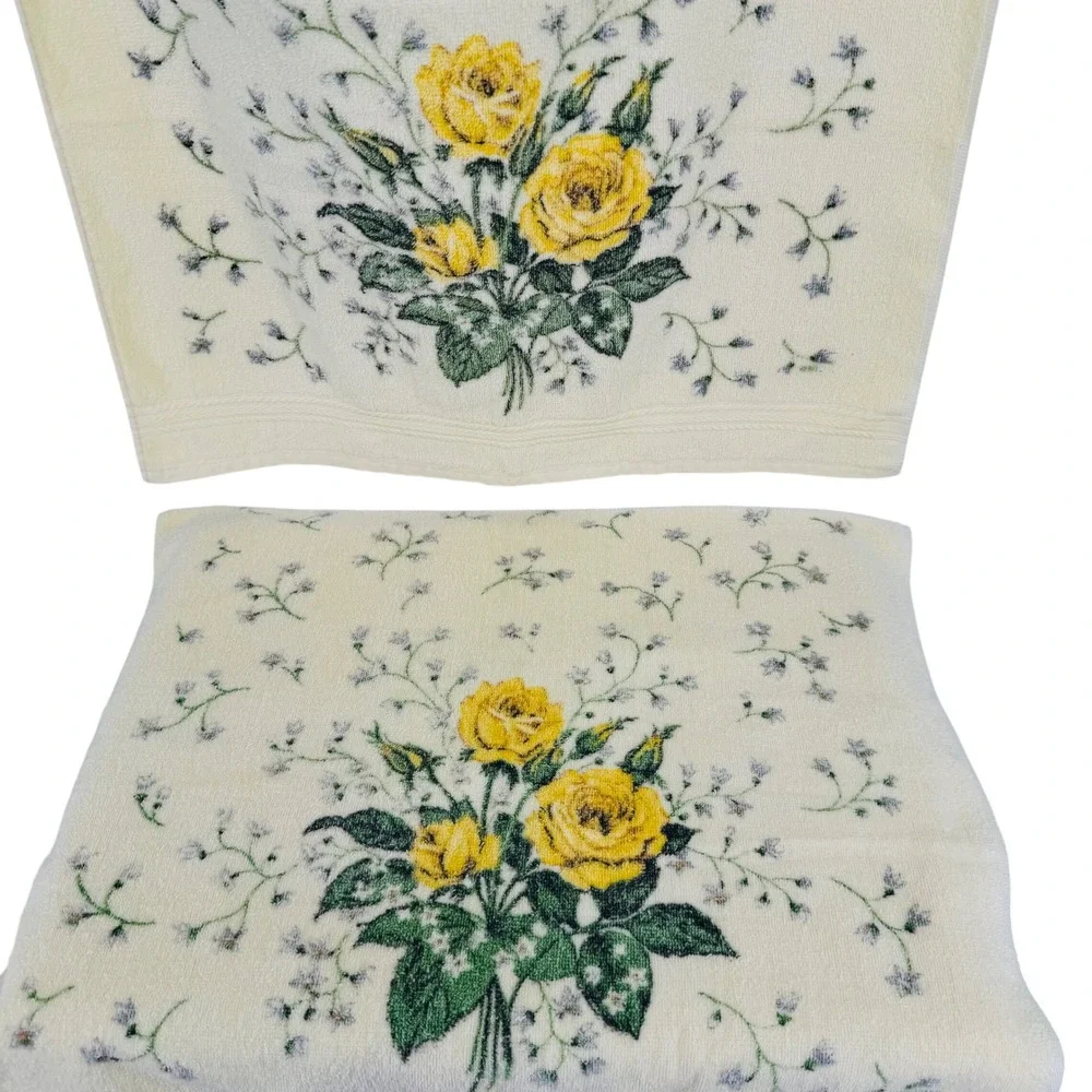 Vintage RA Briggs Yellow Rose Floral Towel Set 6pc Cotton Made in USA Retro MCM
