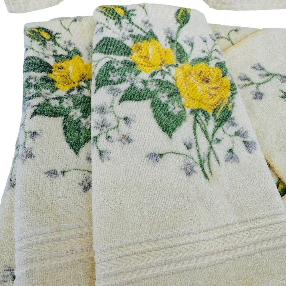 Vintage RA Briggs Yellow Rose Floral Towel Set 6pc Cotton Made in USA Retro MCM