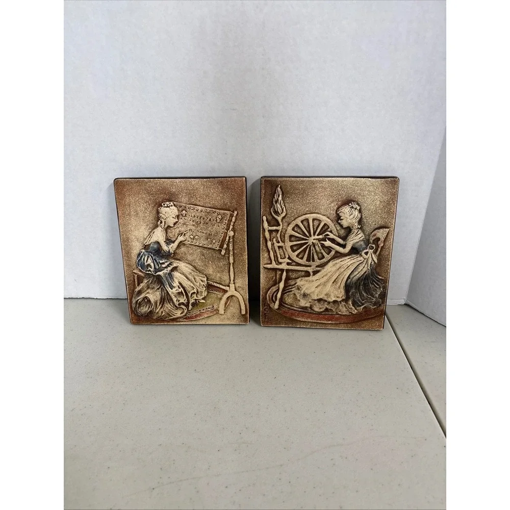Alice Cranston Fenner Vintage 3D Relief Wall Plaques Set Colonial Women‎ 2pc