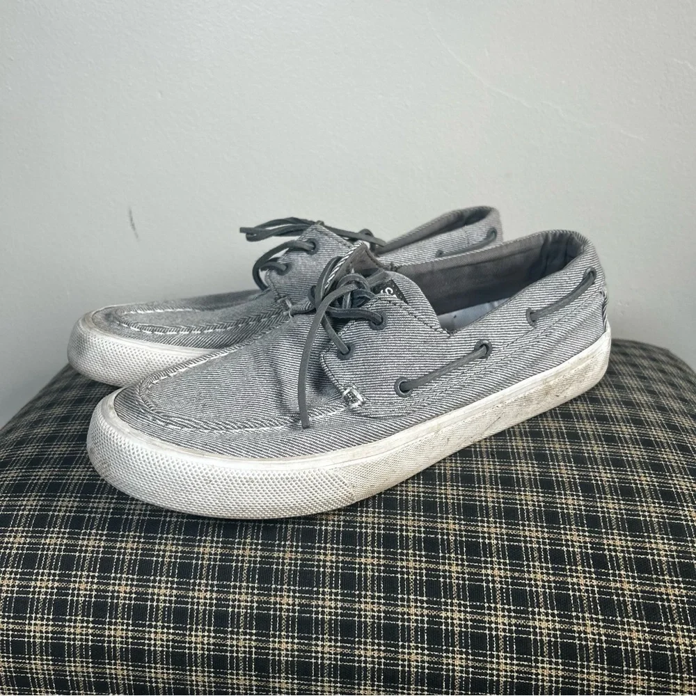 Sperry Top Sider Mens Boat Shoes Gray Striped‎ Canvas Lace Up Size 8
