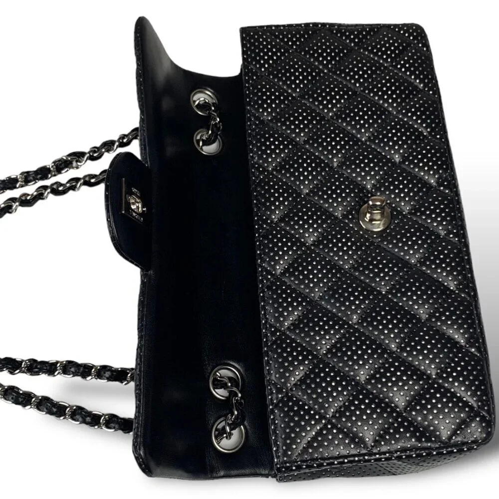 Chanel East West Classic Shoulder Flap Bag Quilted Black Perforated Leather