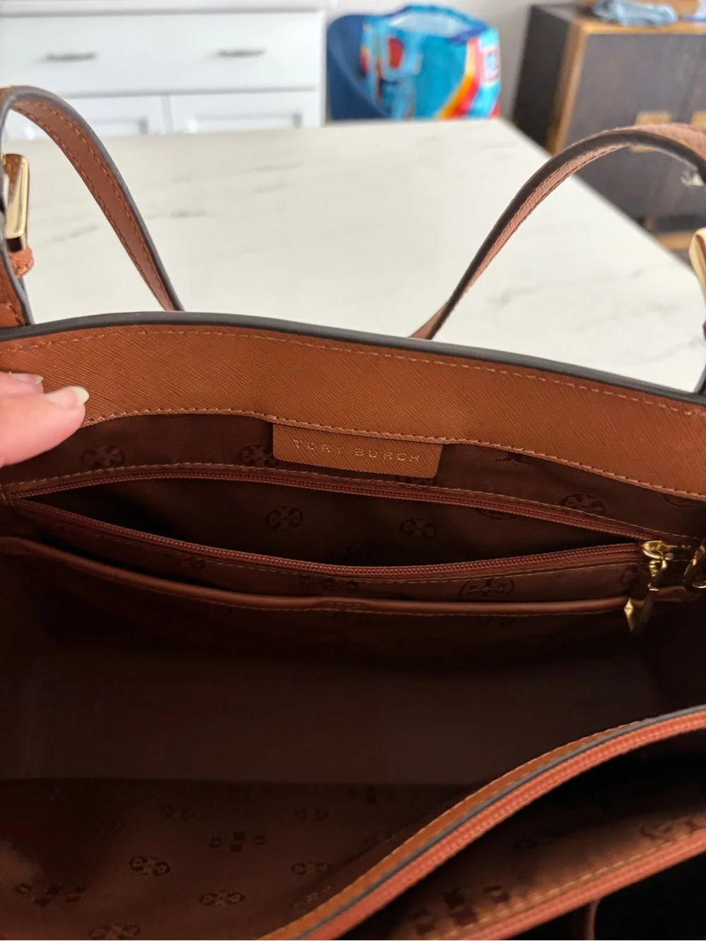 Tory Burch Saffiano Leather Tote in Cognac with Gold Logo