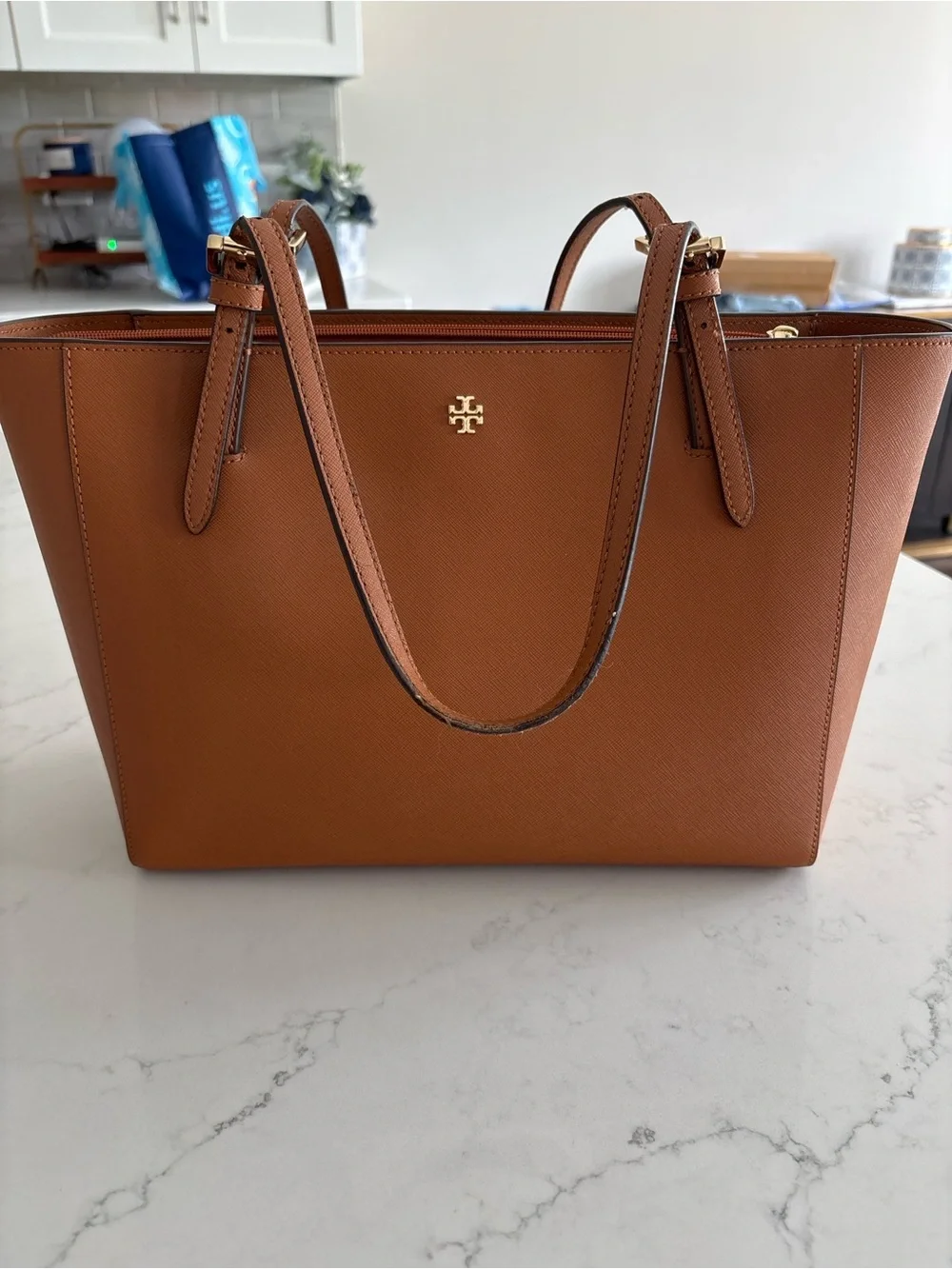 Tory Burch Saffiano Leather Tote in Cognac with Gold Logo