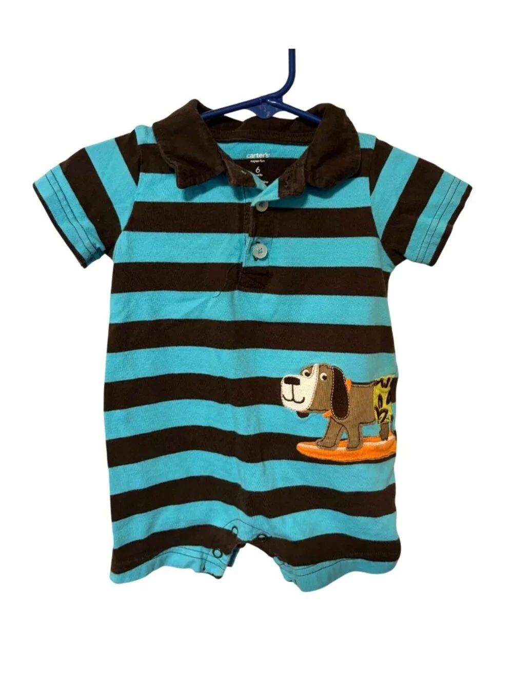 Carters Boys Infant Baby Size 6 months blue brown striped romper shorts 1 piece