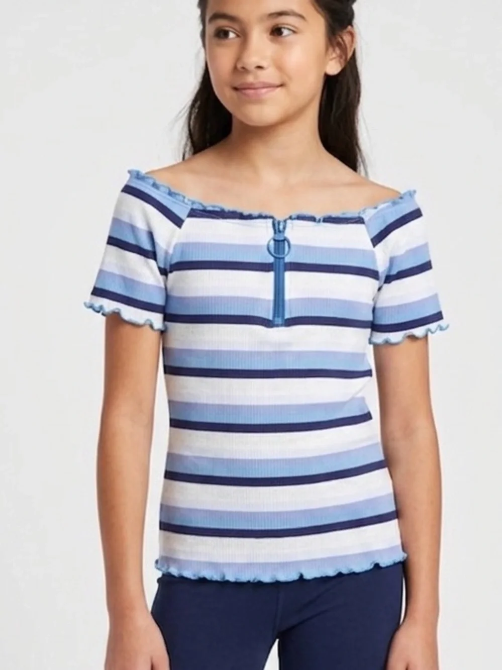 Justice Girls  Blue and White Stripped Ribbed Off The shoulder Top