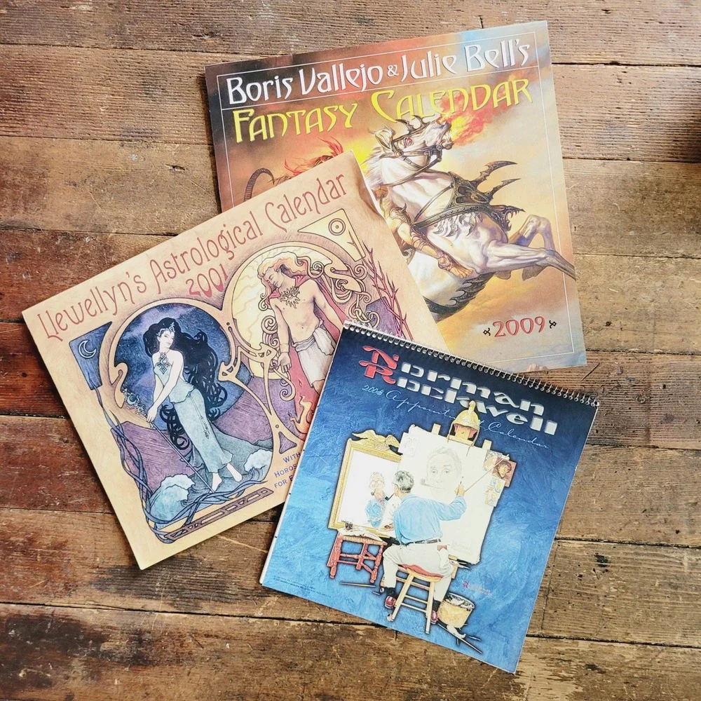 Vintage Art Calendar Lot Boris Vallejo Norman Rockwell Llewellyn Astrology 3pc