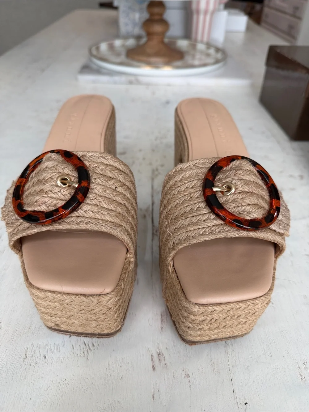 Gianni Bini Beige Woven Platform Sandals with Tortoiseshell Buckles