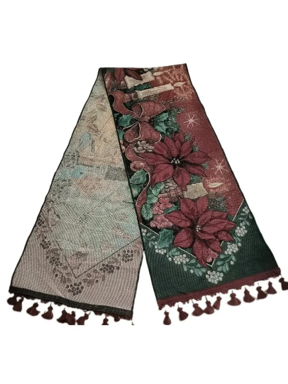 Christmas Tapestry Table Runner Poinsettia Candles Metallic Gold Threads 70x12