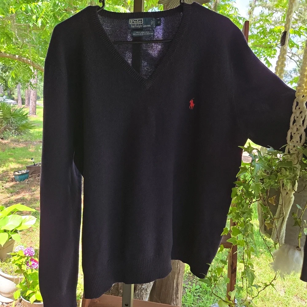Polo Ralph Lauren Navy Blue Lambswool V-neck Sweater Size Extra Large