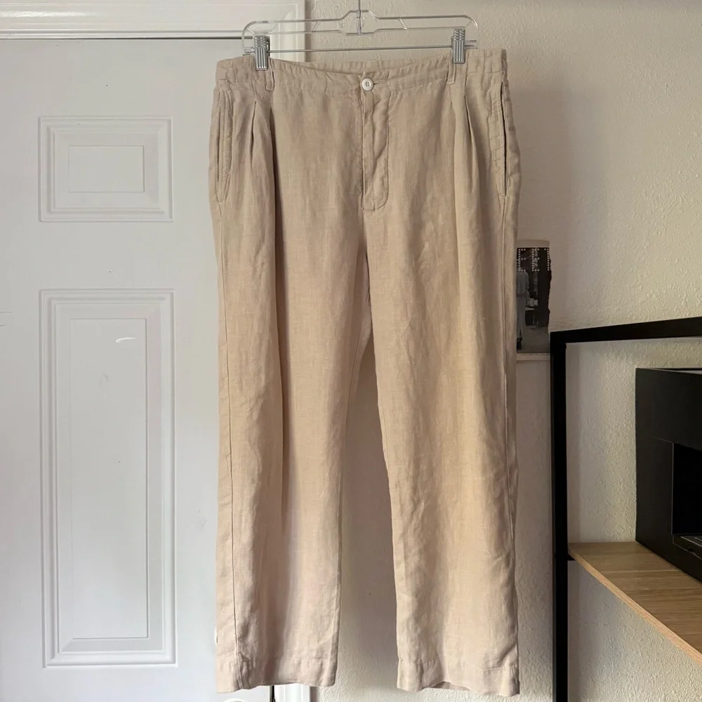 ALEXANDER YAMAGUCHI tan linen slim straight‎ leg cropped trousers pants
