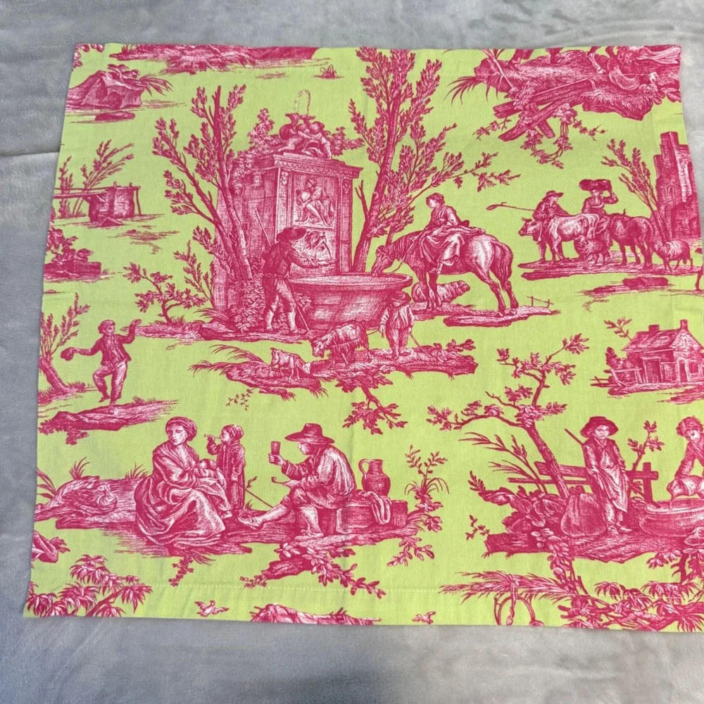Williams Sonoma Toile Placemats & Napkins Set 8 Pc Green Pink Cotton Table Linen