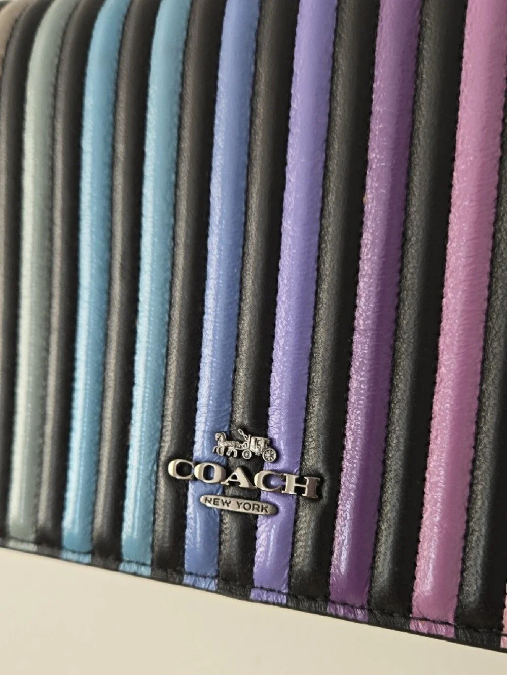 COACH Multicolor Ribbed Leather Crossbody — Black Trim with Pastel Stripe Panel