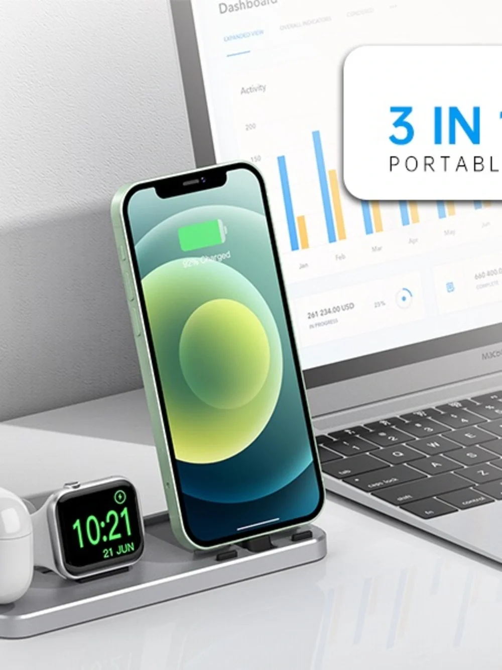 3-in-1 foldable charging station compatible with iPhones, Apple Watches,AirPods.