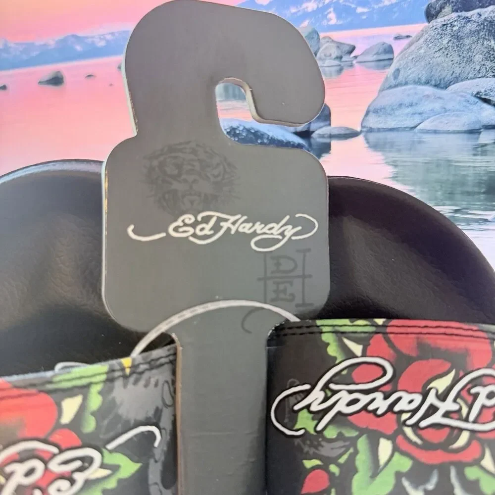 Ed Hardy Eagle-Roses-Tattoo Black Slides/Flip-Flops Size 7 NWT