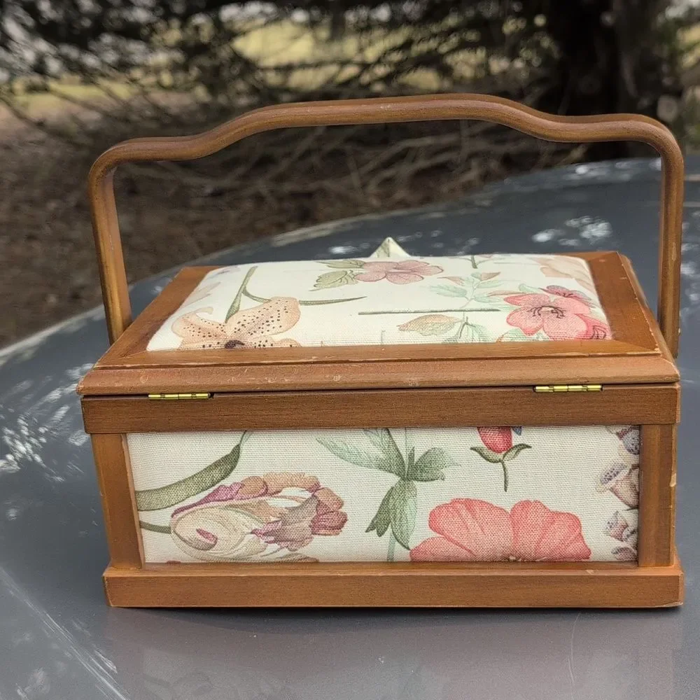 Vintage Wood Sewing Box with Handle Floral Cottagecore Fabric Grandmacore
