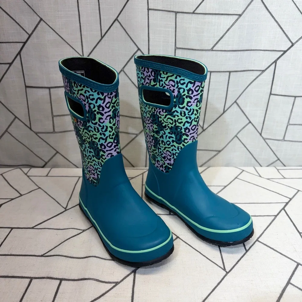 Bogs Rain Boots Size 3 Teal Leopard Print Waterproof Pull On Youth Shoes