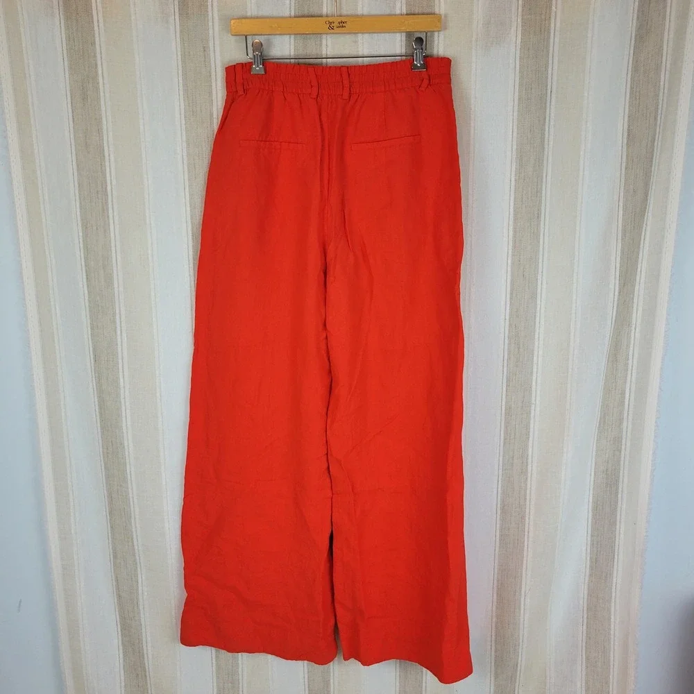 Zara Woman High Rise Wide Leg 100% Linen Pants Red Size Large Lagenlook