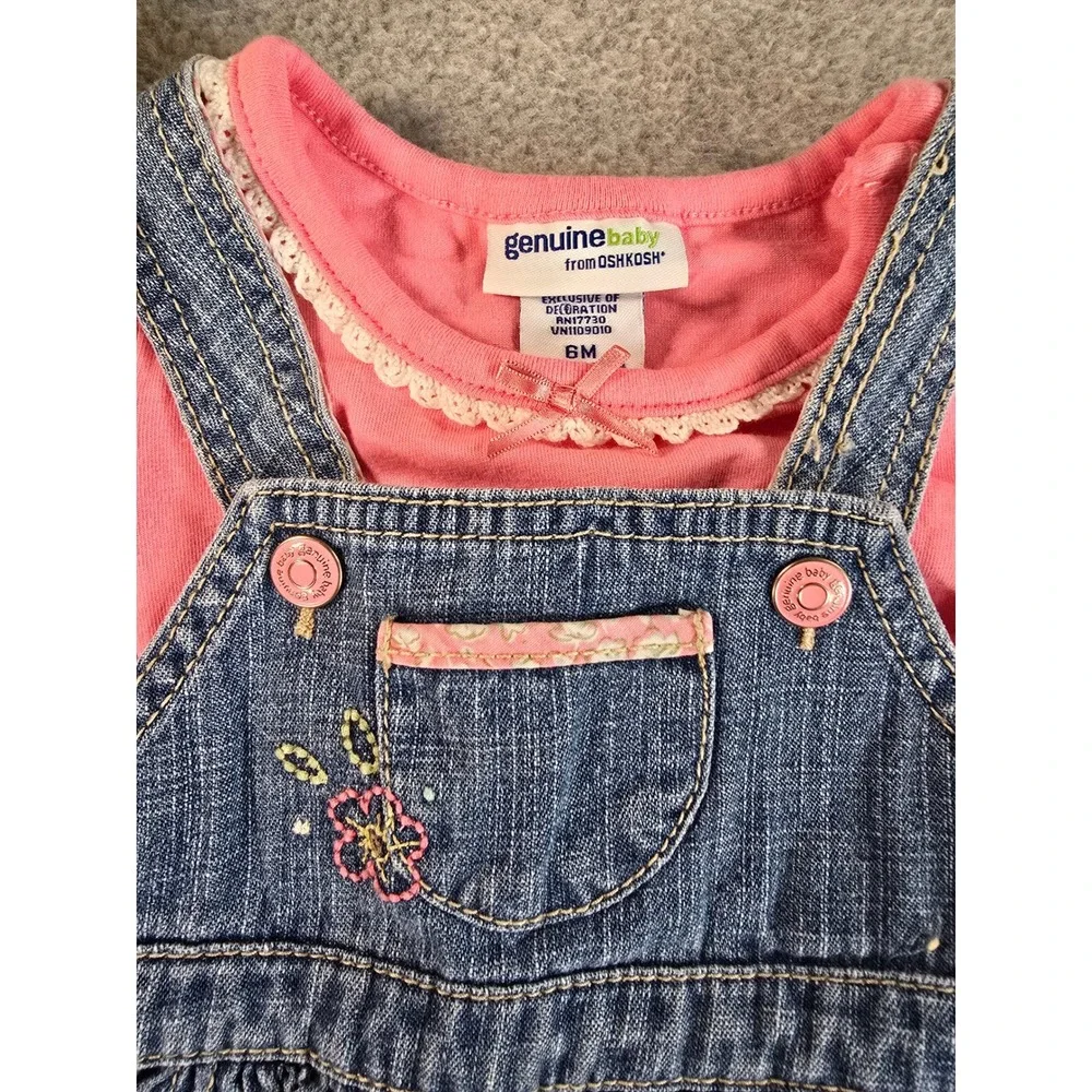 Genuine Baby OshKosh 6m Denim Jumper Dress Pink Bodysuit Floral Y2K Deadstock