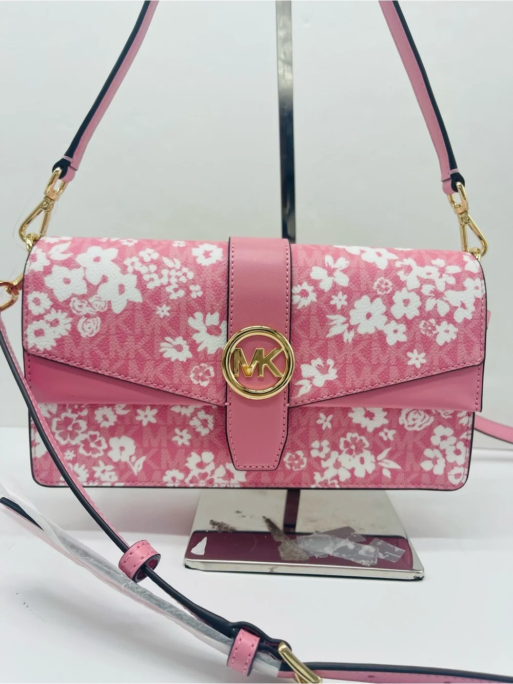 MICHAEL KORS Greenwich Md Printed MK Logo Convertible Shoulder Carnation  NWT