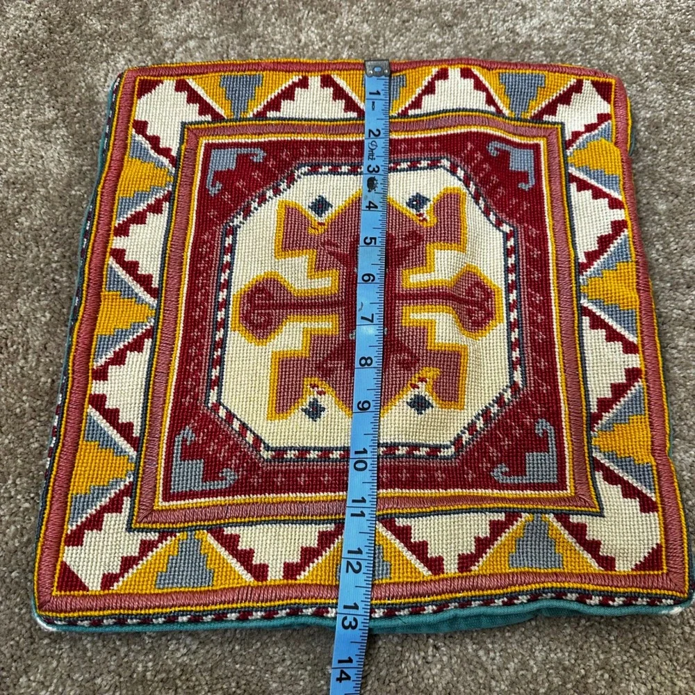Vintage Handmade Needlepoint Geometric Tribal Pillow Cover Teal Velvet 13x13