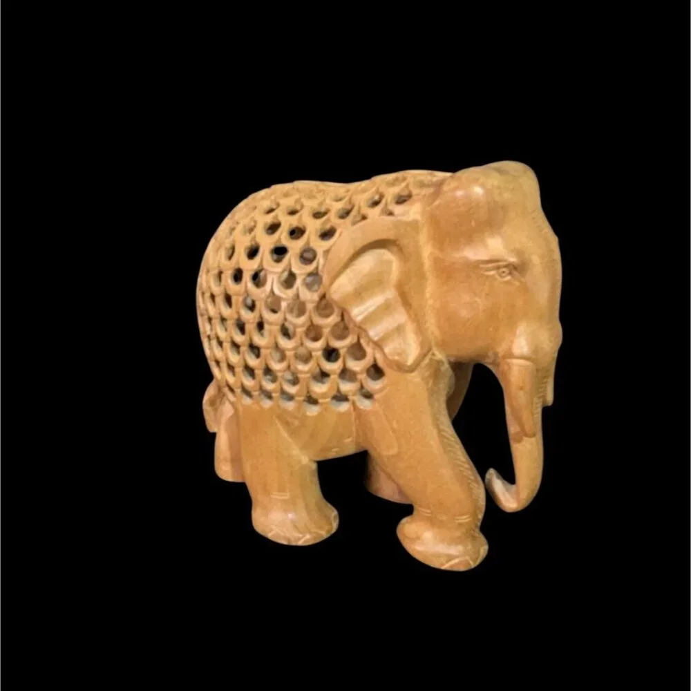 Hand-Carved Wooden Elephant Figurine Folk art hidden baby elephant ‎ 2006