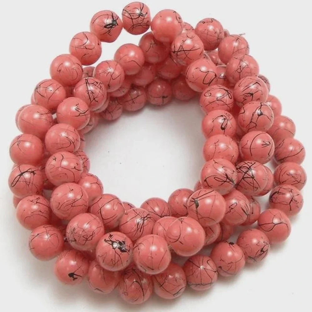 50pcs Pink with‎ Black Glass Beads 8mm