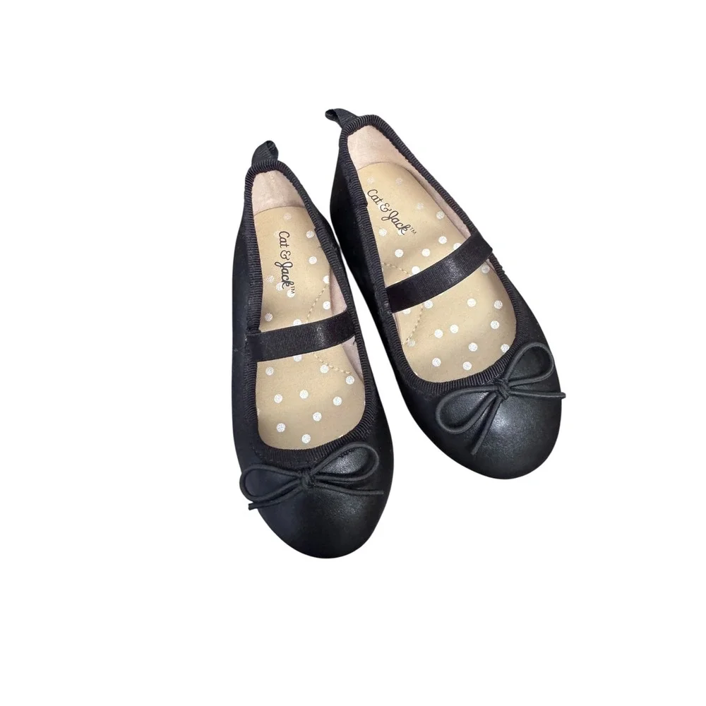 Cat & Jack Girls Black Ballet Flats with Bow and Elastic‎ Strap Size Toddler 6