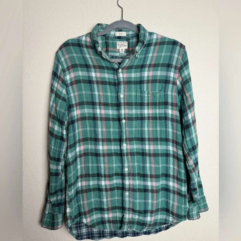 J.Crew Men Size Medium Magazine‎ Green Plaid Slim Double Weave button down shirt