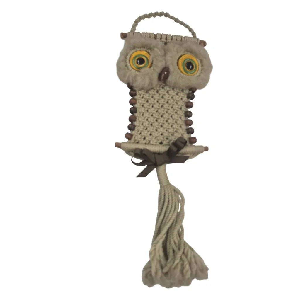 Vintage Macrame Owl Wall Hanging Boho Wood Bead‎ Tassel Decor Beige 17 Inch