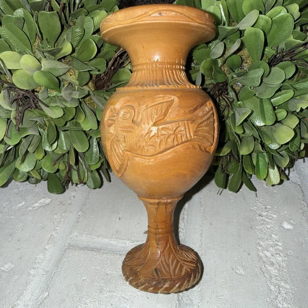 Olive Wood Vintage Vase Bird And Palm Tree Design‎ 6.25