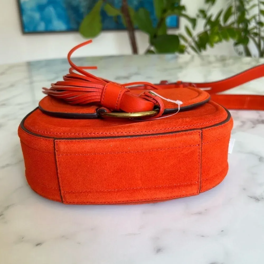 NWT Tory Burch Tassel Mini Saddle Bag Pure Orange Suede Leather Crossbody