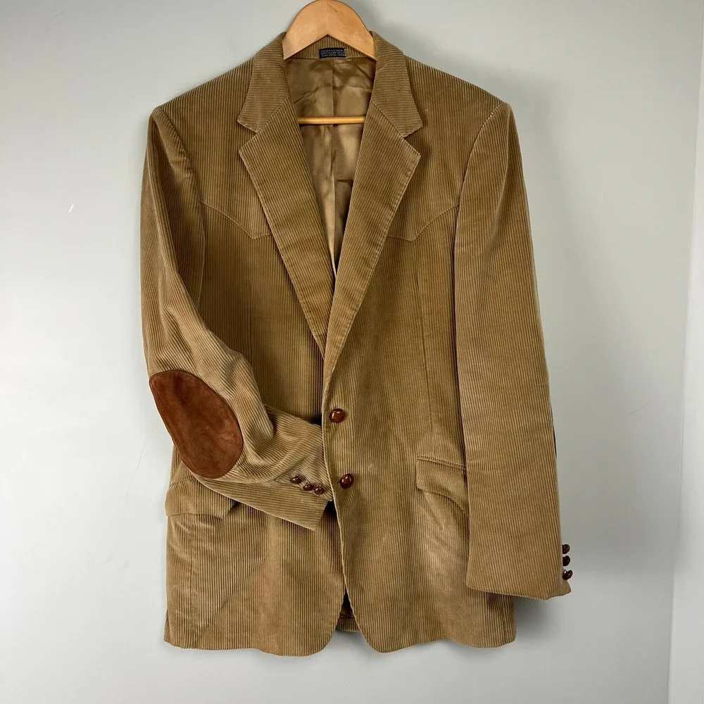 Vtg Tan Corduroy Western Blazer Suede Elbow Patches Tan Camel Sport Coat 44R