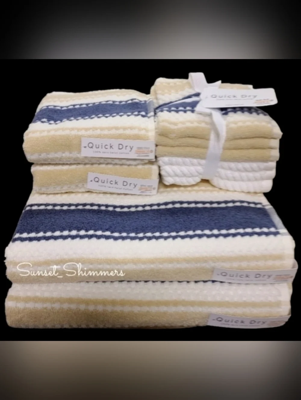 10pc Quick Dry Tan Navy 100% Zero Twist Cotton Bath Hand Washcloth Towel Set