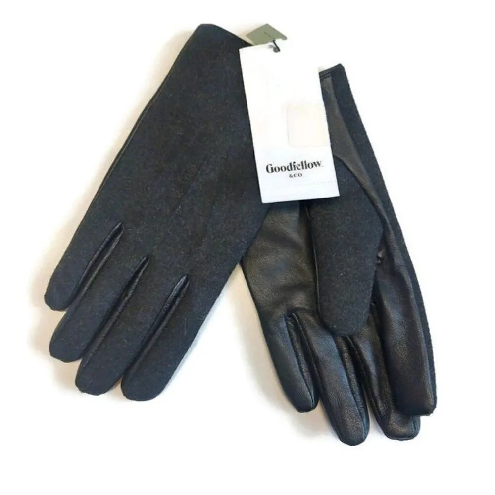 Goodfellow and Co Womens Size M Leather Wool Snap Close Winter Gloves Black Gray