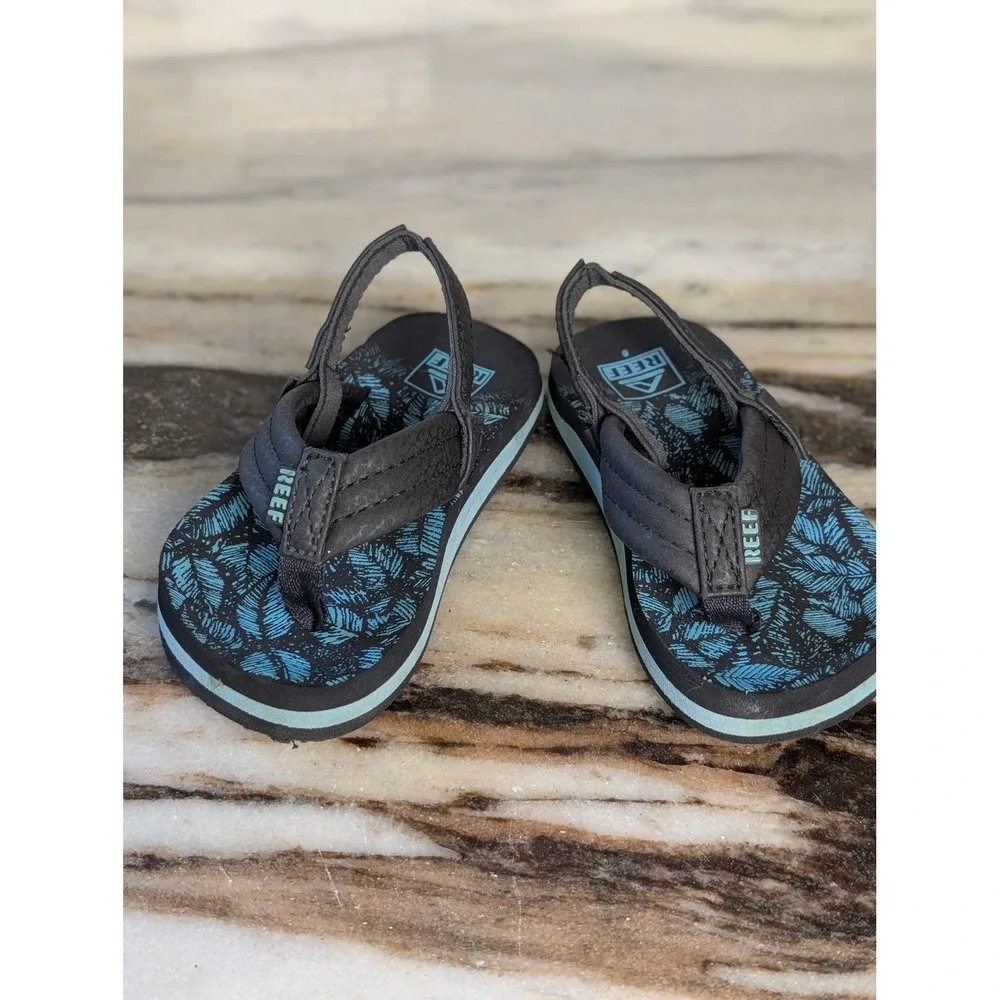 Reef Ahi Infant Sandals Black Blue Palm Leaf Print Flip Flops 6 Elastic Back