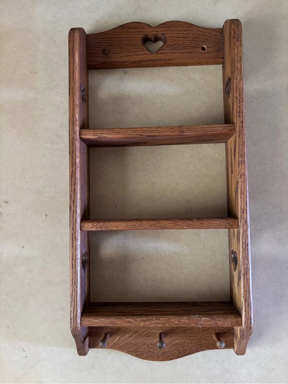 Hand Crafted Brown Wooden Wall Shelf with Heart Accent