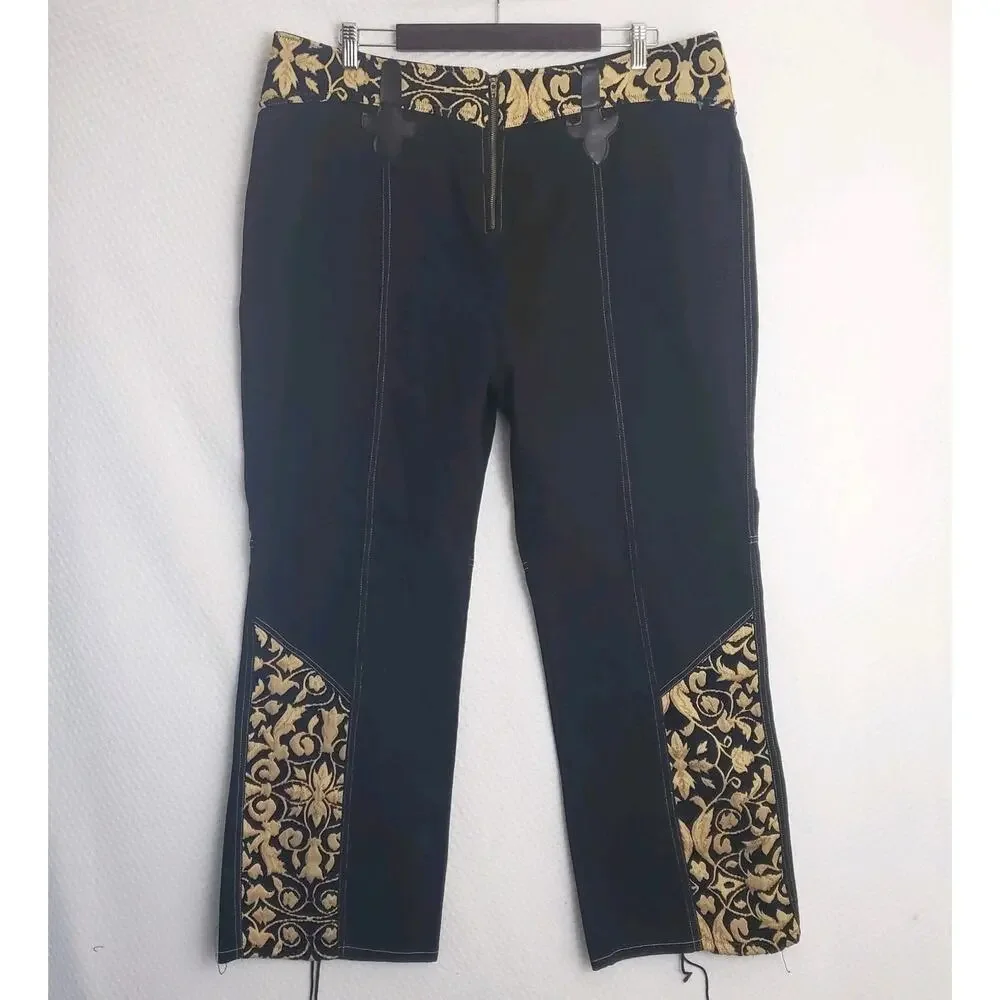 Womens Western Rodeo Bootcut Jeans Black w/ Gold Embroidery & Faux Leather Sz 22