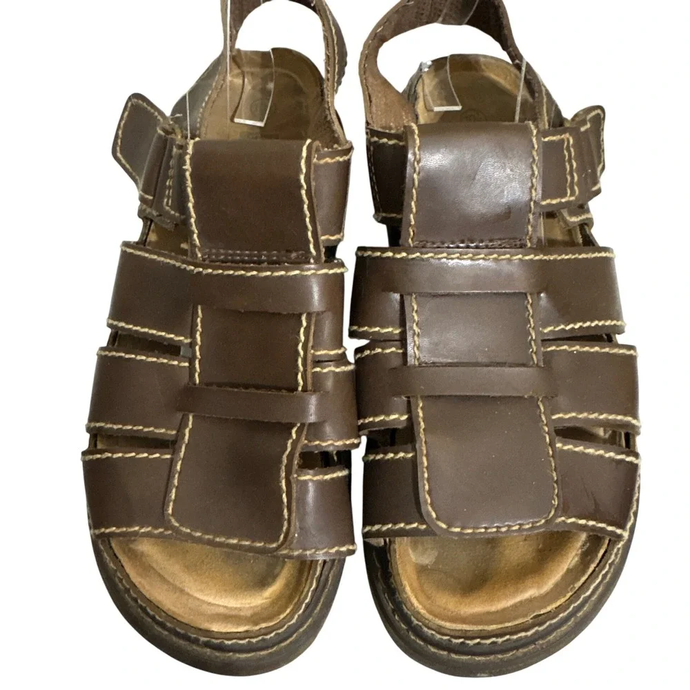 Faded Glory Mens Fisherman Sandals Brown Contrast Stitch Hook Loop Size 10.5
