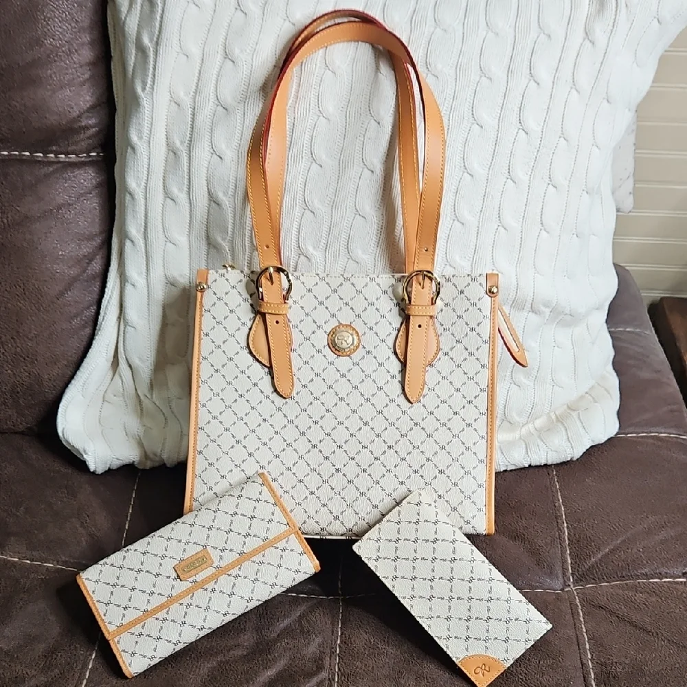 Rioni Hannah Women’s Tote With Porto Checkbook Wallet Set Cream And Tan
